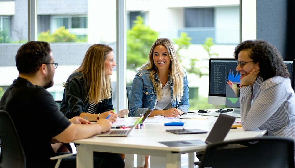 Equipo de consultores de ESGModels trabajando en análisis de datos y sostenibilidad