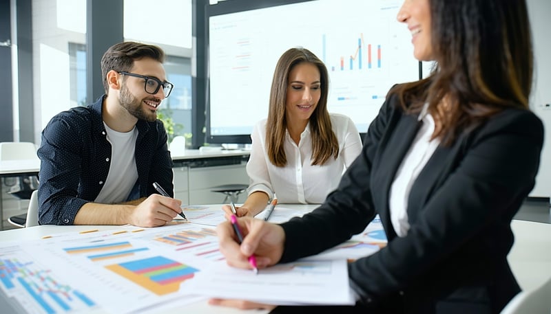 Consultores de ESGModels trabajando en modelos de sostenibilidad y tableros de control.